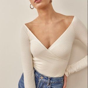 Reformation Minnie Knit Crossover Top Cream Sz L NWOT